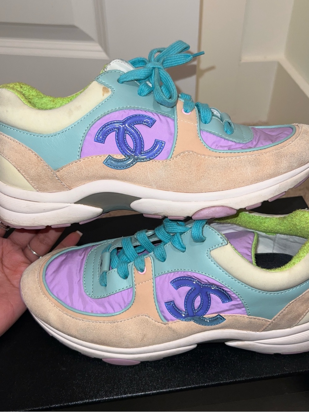 CHANEL Pastel Lavender, Aqua & Beige CC Logo Sneakers